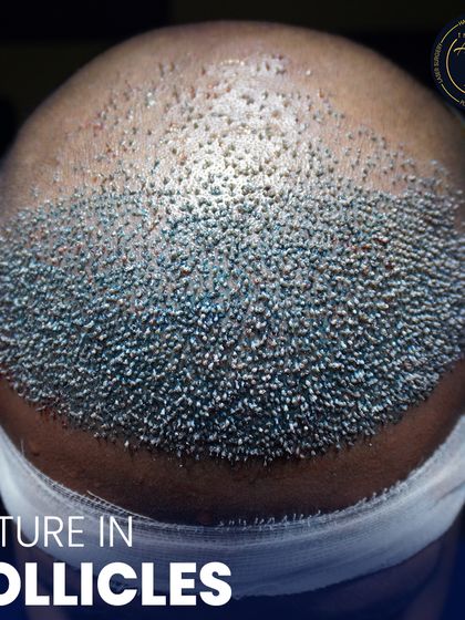 This is where science meets style. A detailed view of newly implanted hair follicles, showcasing the meticulous process of high-density hair restoration.
