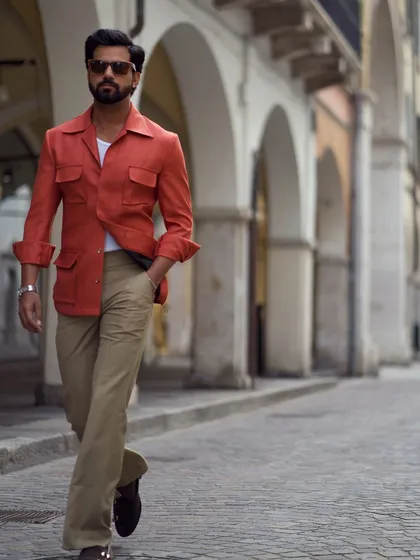 A walking shot that shows the jacket's comfortable fit and how it moves with the wearer, making it ideal for exploring city streets.