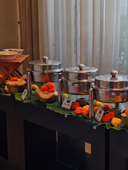 A closer look at the buffet line, with chafing dishes keeping the food warm and fresh. I ensure a professional and seamless catering experience for all your events.