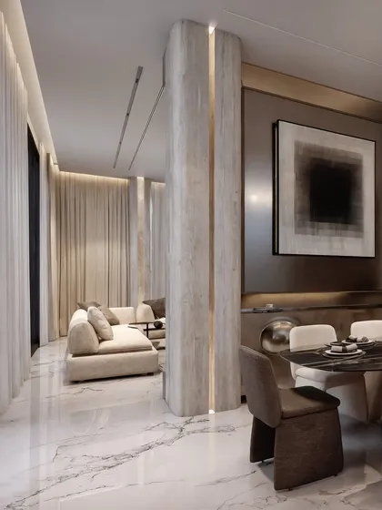 A bright, open-plan living and dining area in a Dubai residence, with a focus on the seamless flow between zones. The render captures the expansive feel created by the marble floors and high ceilings.