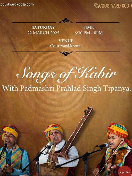 A monthly event poster highlighting the 'Songs of Kabir' concert. We strive to bring legendary artists to our intimate stage, offering our audience a rare and personal experience.