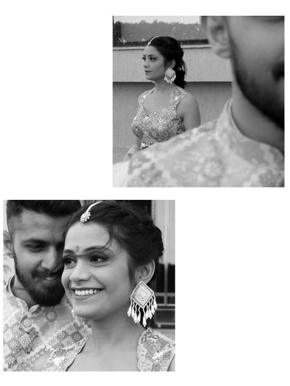 An artistic black and white collage, capturing intimate glances and smiles, adding a timeless feel to their vibrant Haldi day.