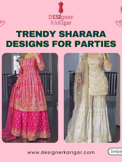 A bright pink and a classic white and gold sharara suit. These designs are perfect for festive occasions and can be customized to your liking.