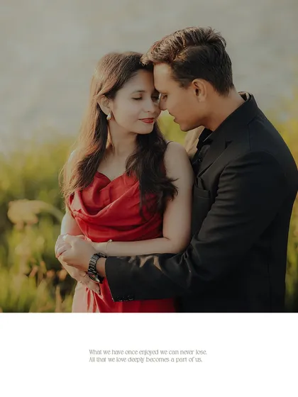 An intimate embrace in the golden light of sunset. This close-up portrait from a misty, riverside pre-wedding shoot is full of emotion and romance.
