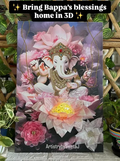 Bring Bappa's blessings home in 3D. This view shows the completed Ganesha frame, surrounded by lush greenery, ready to bring its positive energy to a new space.