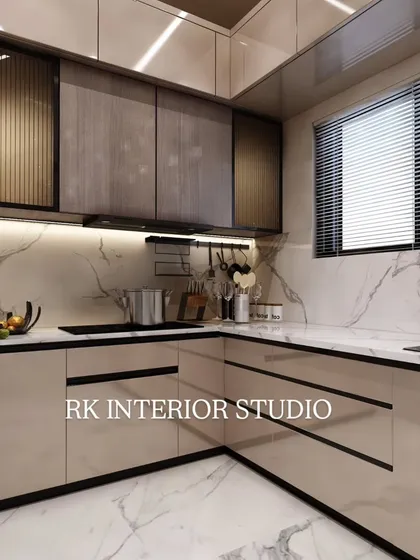 This is a 3D render of a modern L-shaped kitchen. I designed it with a marble-patterned backsplash and floor, two-tone cabinets, and under-cabinet lighting to create a bright and luxurious cooking space.