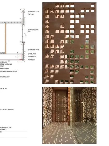 A design detail from the House of Solid Stone, showing the technical drawing for the operable stone screens (*jaalis*) alongside photos of the beautiful light patterns they create.