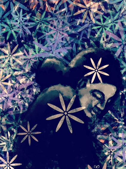 "Being," a digital print where a figure is enveloped in a field of flowers. It represents a state of peace and connection with the self.