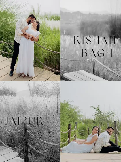 A collage identifying the beautiful location of Kishan Bagh, Jaipur, and showcasing a variety of romantic poses from the session.