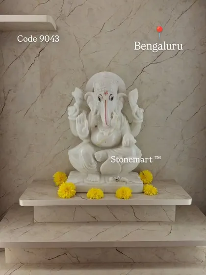 We are grateful to our client in Bengaluru for sharing this image of our 16-inch white marble Ganesha idol in their beautiful home temple. This piece, with its detailed hand carving, is designed to be a divine centerpiece for pooja and daily worship.