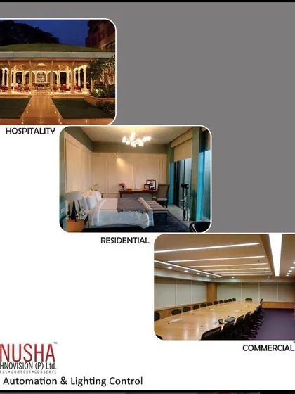 As experts in automation and lighting control, we serve the hospitality, residential, and commercial sectors. This image shows examples of our work in each of these areas, from a luxury hotel exterior to a corporate boardroom.