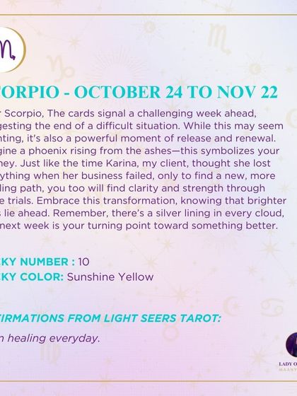 The cards signal a challenging week for Scorpio, but also a powerful moment of release and renewal. Like a phoenix rising from the ashes, this is your turning point toward something better.