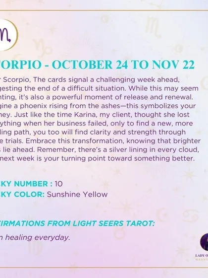 A weekly tarot prediction for Scorpio. The cards signal a challenging week ahead, suggesting the end of a difficult situation. While this may seem daunting, it's also a powerful moment of release and renewal. Brighter days lie ahead.