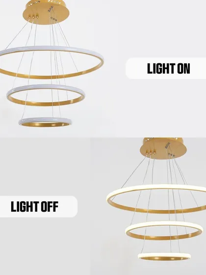 This shows the before and after of our three-tier ring pendant. The clean, minimalist design is perfect for modern homes.