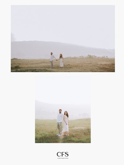 A minimalist diptych that uses negative space to highlight the couple in a vast, open landscape.