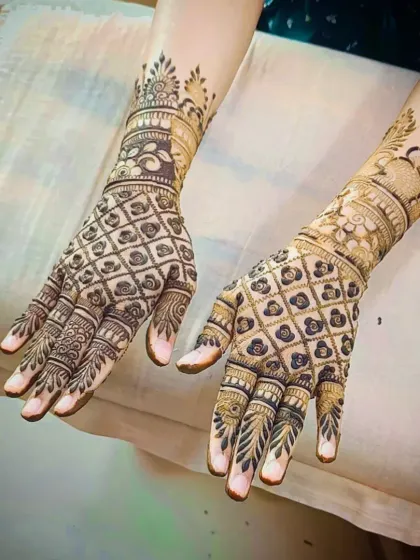 A close-up of the jaali (net) pattern on the back of the hands, showing the precision of the lines.