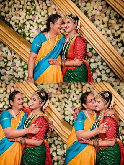 A beautiful collage showing a mother's love for her daughter on her wedding day, with hugs, kisses, and shared smiles.