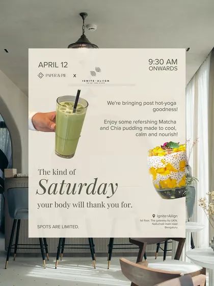 An event poster for a Saturday hot yoga and wellness session we collaborated on, showing how our brand extends to lifestyle events.
