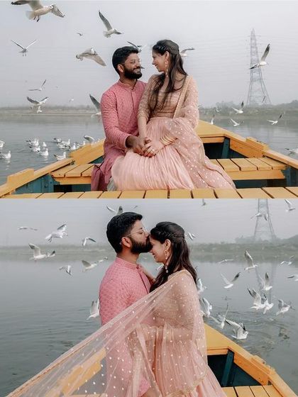 A diptych showing the couple on a boat, surrounded by seagulls. One shot is a loving gaze, the other a gentle kiss, capturing the magic of the location.