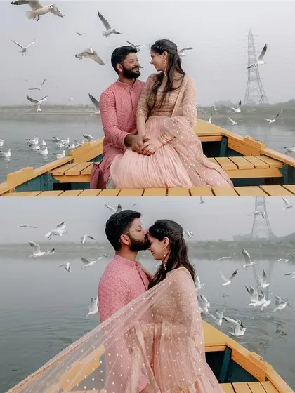 A diptych capturing the couple's boat ride, with one shot of them looking at each other and another of the groom's tender kiss on the bride's forehead.