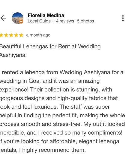 "Amazing experience!" A 5-star review from a client who rented a lehenga for a wedding in Goa. I focus on high-quality fabrics and a stress-free process.