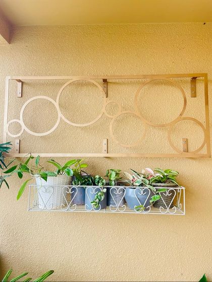 This balcony makeover involved creating organized sections. Here, a simple wall shelf holds a collection of smaller plants, keeping them neat and tidy while adding a decorative touch.