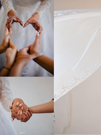 A collage showing the bride's connection with her bridesmaids and the details of her stunning white wedding gown.