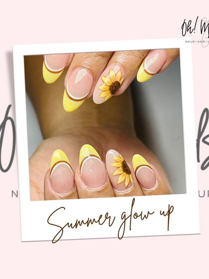 Bringing sunshine to your fingertips. This summery design features a modern French manicure with yellow tips and a stunning, hand-painted sunflower accent nail.