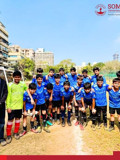 The Somaiya School football team and their coach celebrate a commanding victory in the MSSA 2026 Tournament.
