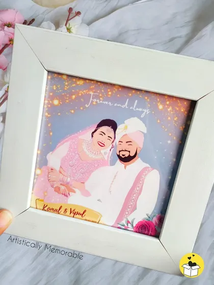 A beautiful wedding portrait is transformed into a sparkling digital illustration. This custom art piece captures the joy of a newly married couple, making it a perfect wedding or anniversary gift.