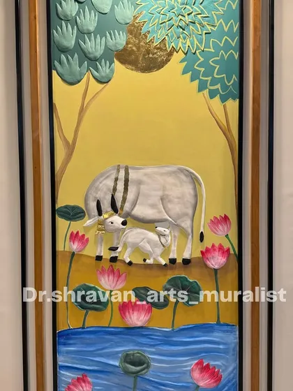 Here, I've combined Pichwai art with 3D relief techniques. The cow, trees, and lotuses are sculpted, adding physical depth and texture to the traditional painting style.