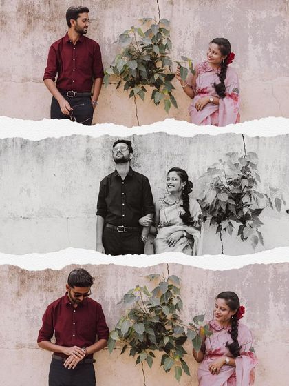 A collage of a couple's vintage-themed pre-wedding shoot, with a creative torn-paper and black-and-white effect.