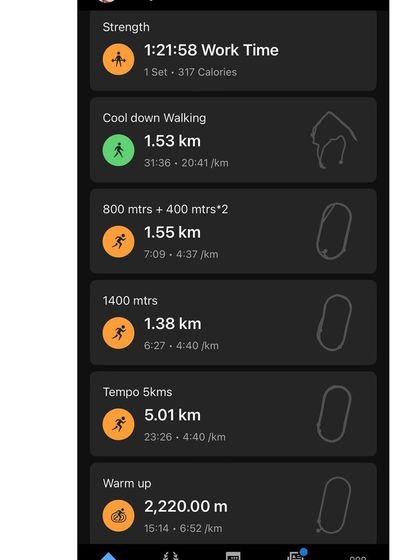 A detailed breakdown of a complex 10km track workout, including a 5km tempo and various intervals. This shows the level of structure in my training plans.