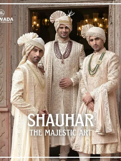 Presenting 'Shauhar: The Majestic Art'. This trio of grooms showcases the collection's range, from subtle elegance to pronounced regality, all united by premium couture craftsmanship and intricate handwork.