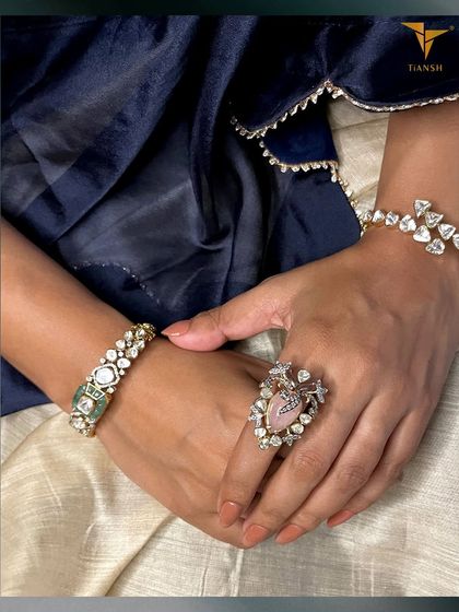 A beautiful combination of polki bracelets and a statement ring. This look demonstrates how you can layer different pieces from my collection to reflect the brightness of any occasion.