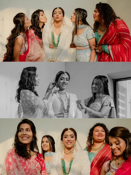 The bride and her bridesmaids having fun and sharing kisses. These are the playful, happy memories with her best friends.