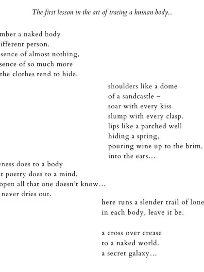 'The first lesson in the art of tracing a human body...'. A poem about bareness, intimacy, and what poetry does to a mind.