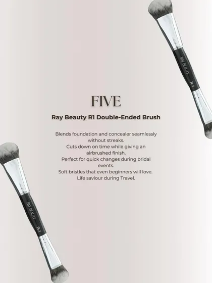 The Ray Beauty R1 Double-Ended Brush is a travel lifesaver. It blends foundation and concealer seamlessly without streaks, cutting down on time while giving an airbrushed finish.