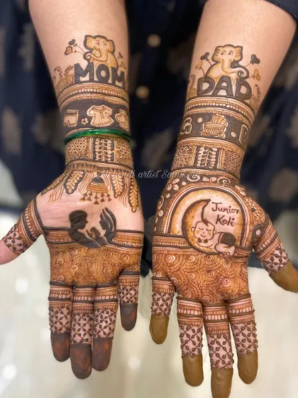 Celebrating the 'Mom to be' and 'Dad to be' with adorable cartoons and portraits of the couple holding their baby. A heartwarming design for a baby shower.
