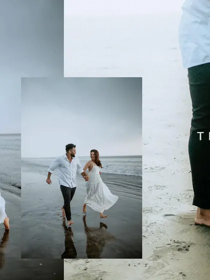 A collage that emphasizes movement and connection, with a central shot of the couple running along the shoreline.