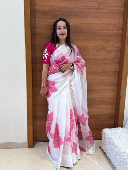 A full-length photo of my saree outfit for the event.