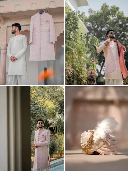A collage dedicated to the groom's getting-ready process. It includes shots of his sherwani, the turban (safa), and him putting on his final outfit.