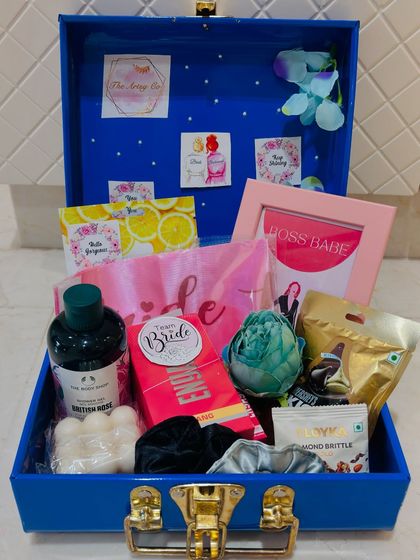 A complete view of the open bridal hamper trunk. It's a treasure chest of goodies designed to pamper and celebrate the bride-to-be.