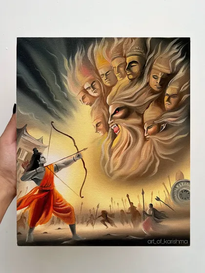This 12 by 10-inch oil on canvas depicts the epic moment of 'Ravana Vadh' by Lord Ram.