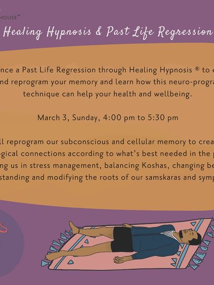 An invitation to a Past Life Regression session through Healing Hypnosis. This technique helps reprogram your subconscious and cellular memory to create new neurological connections, assisting in stress management and changing old beliefs.