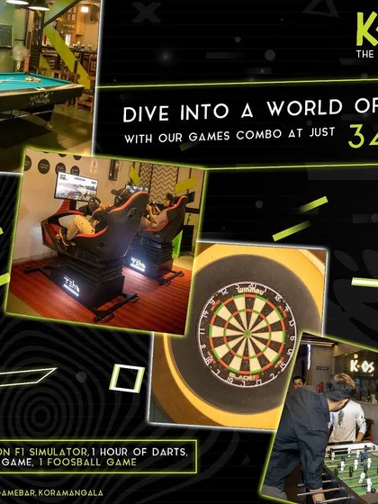 Our games combo is an unbeatable deal. For just 349, you get an F1 simulator ride, an hour of darts, a pool game, and a foosball game. Available weekdays from 12 PM to 7 PM.