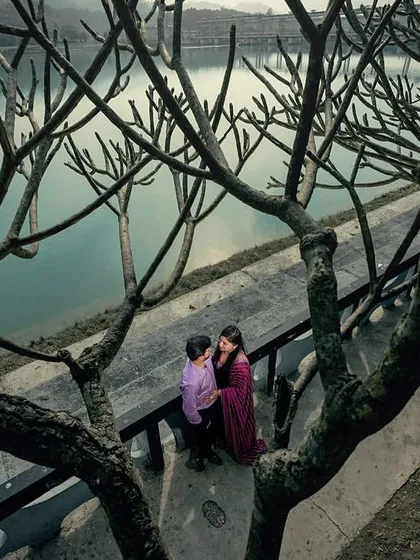 An aerial view of the couple sharing a moment, framed by the intricate branches of a tree. The vast expanse of the water and mountains in the background makes this a truly unique and artistic shot.