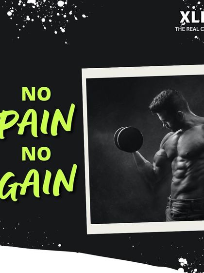 No Pain No Gain. A black and white photo of a muscular man curling a dumbbell, emphasizing the hard work required for results.