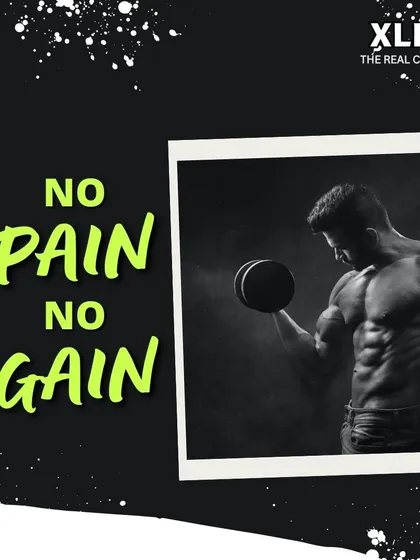 No Pain No Gain. A black and white photo of a muscular man curling a dumbbell, emphasizing the hard work required for results.