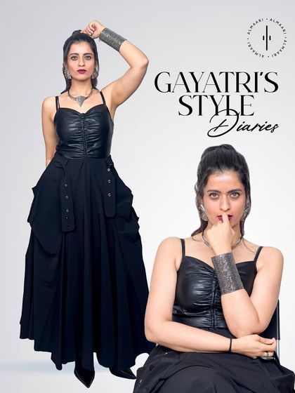 This is the base of many of my styled looks. A black dress with a leather-look bustier and pocket details. Here, I've paired it with bold silver jewellery to show its versatility.